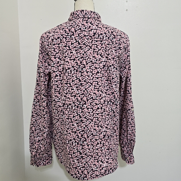 TALBOTS size 14 Floral Roll Tab Sleeve Button Up Casual Cotton Shirt Pink Navy - Picture 6 of 14